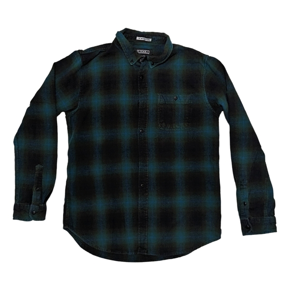 Ezekiel Men's Large Dark Green/Blue Button-Down & Roll-Tab Sleeve Flannel Shirt - Picture 1 of 11